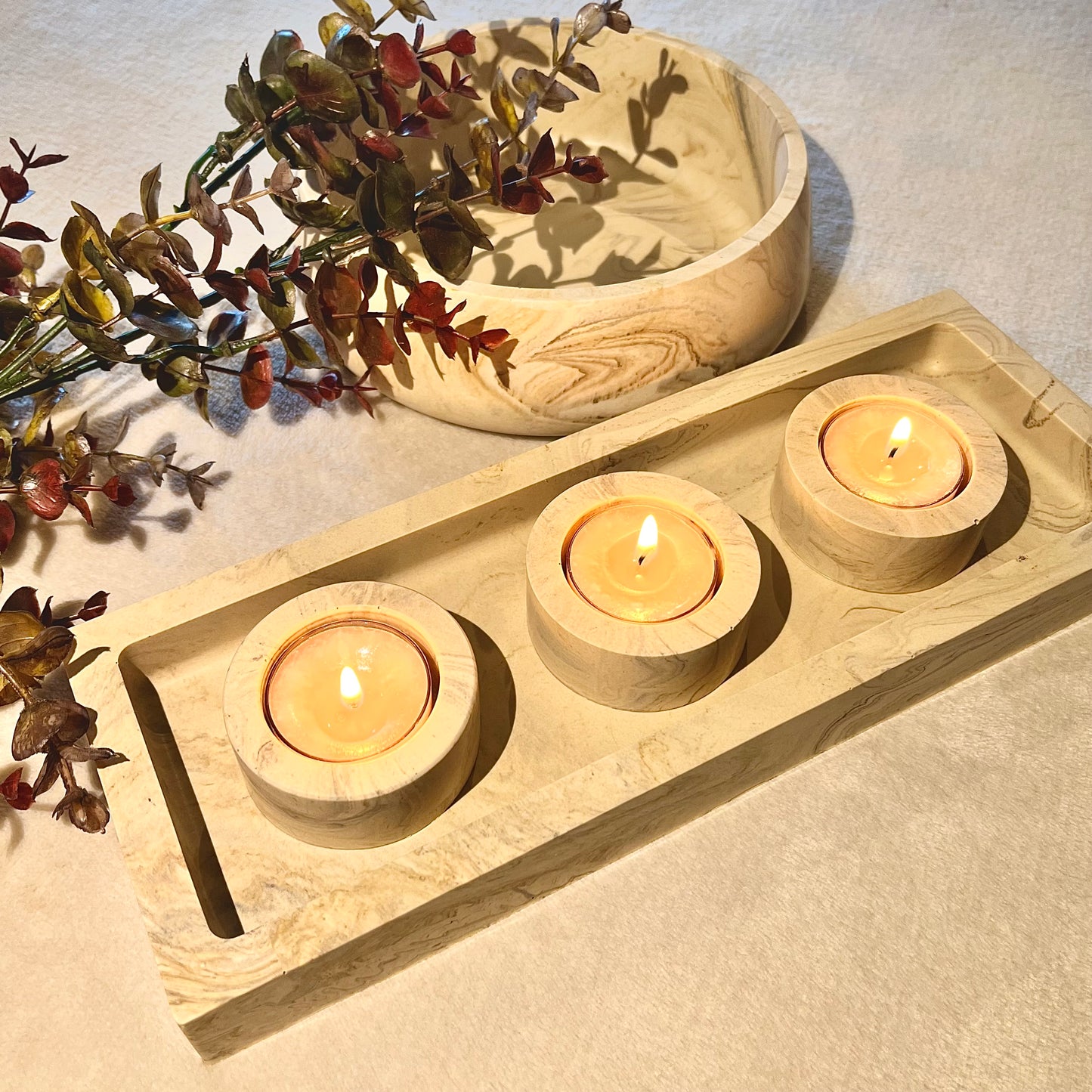 *MADE TO ORDER* Jesmonite tray & 3 tealight holder set
